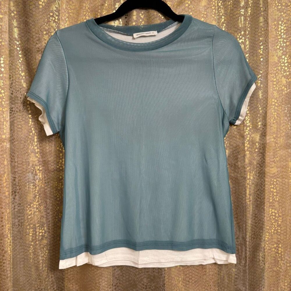 Wasabi & Mint Mesh Overlay Stretchy T Shirt Blue Green Large NWOT‎